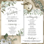 Rustic Eucalyptus Greenery Budget Wedding Programm<br><div class="desc">Deze trouwprogramma's zijn elegant en smaakvol, terwijl ze toch begrotingsvriendelijk zijn. Het ontwerp is voorzien van een vleugje handbeschilderde waterverf van eucalyptusbladeren en tuinbladeren in tinten, moss en groenschoppen. De typografie kenmerkt het manuscriptkalligrafie van de erfenis, en er is ruimte voor details op de ceremonie, de bruidspartij, en een kort...</div>