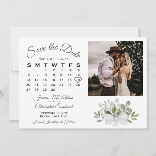 Rustic Eucalyptus Greenery Calendar Foto Weddensch Save The Date (Voorkant)