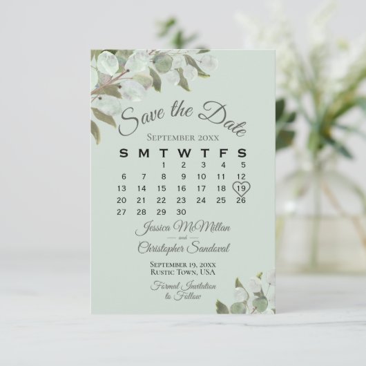 Rustic Eucalyptus Greenery Calendar Munt Wedding Save The Date (Staand voorkant)