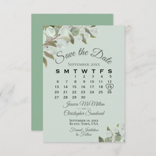 Rustic Eucalyptus Greenery Calendar Munt Wedding Save The Date (Voorkant / Achterkant)