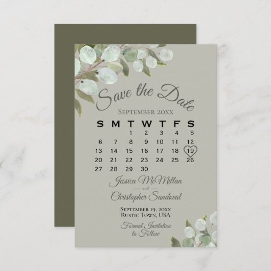 Rustic Eucalyptus Greenery Calendar Sage Wedding Save The Date (Voorkant / Achterkant)