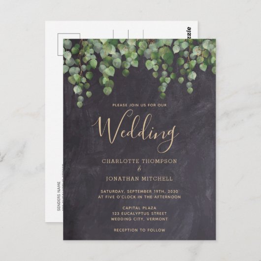 Rustic Eucalyptus Greenery Chalkboard Wedding Briefkaart (Voorkant / Achterkant)
