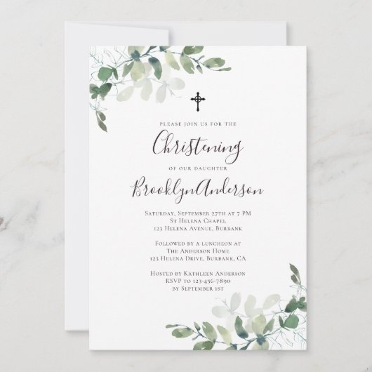 Rustic Eucalyptus Greenery Christening Invitation Kaart (Voorkant)