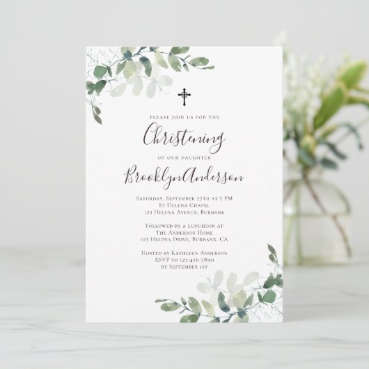 Rustic Eucalyptus Greenery Christening Invitation Kaart (Staand voorkant)