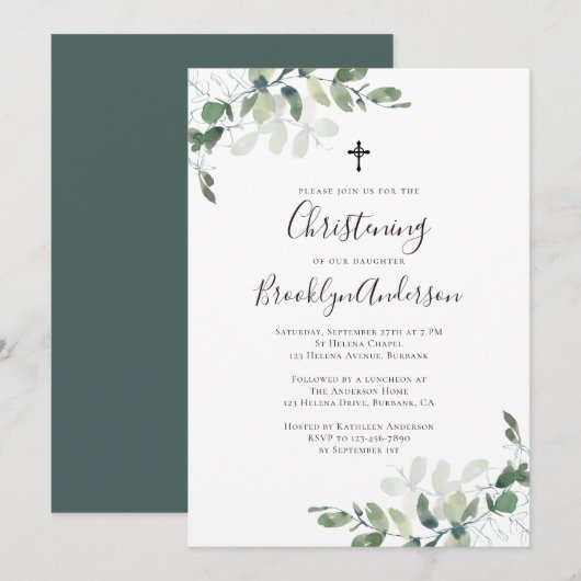 Rustic Eucalyptus Greenery Christening Invitation Kaart (Voorkant / Achterkant)
