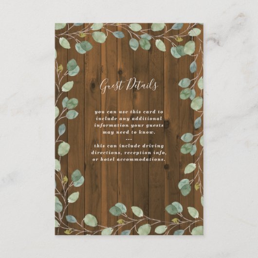 Rustic Eucalyptus Greenery | Details van de bruilo Informatiekaartje (Voorkant)