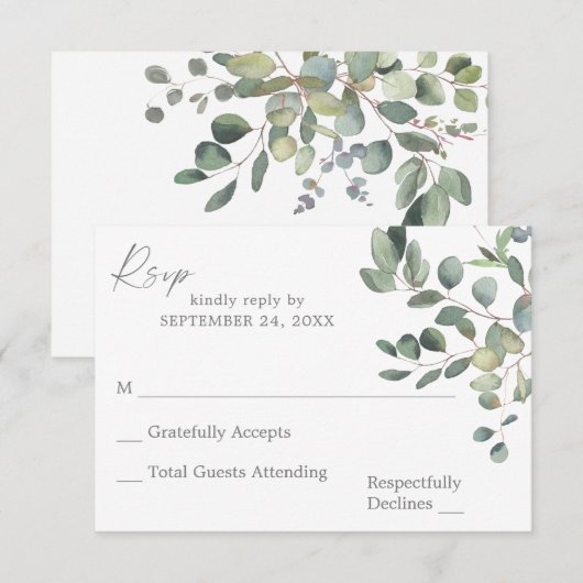 Rustic Eucalyptus Greenery Duo no Meal RSVP Card 3 Kaartje (Voorkant / Achterkant)