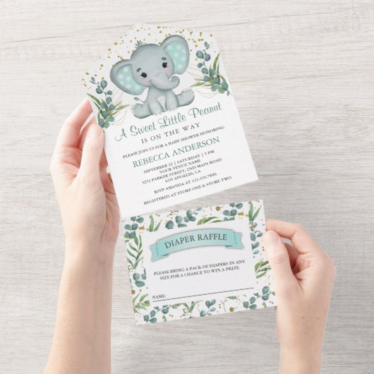 Rustic Eucalyptus Greenery Elephant Baby shower All In One Uitnodiging (Afscheurbaar)
