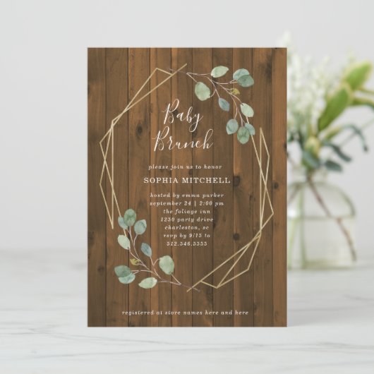 Rustic Eucalyptus Greenery Geometric Baby Brunch Kaart (Staand voorkant)