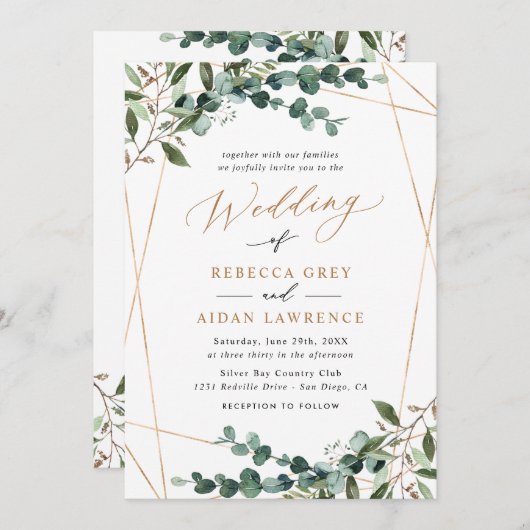 Rustic Eucalyptus Greenery Gold All-in-One Wedding Kaart (Voorkant / Achterkant)