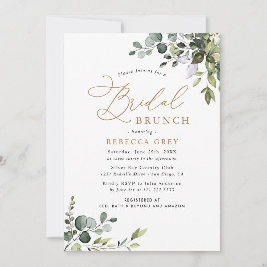 Rustic Eucalyptus Greenery Gold Bridal Brunch Kaart (Voorkant)
