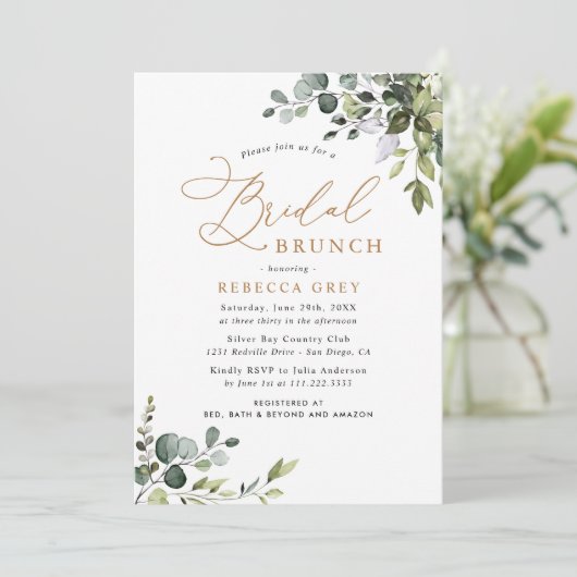 Rustic Eucalyptus Greenery Gold Bridal Brunch Kaart (Staand voorkant)