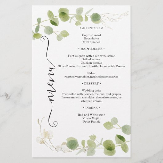 Rustic Eucalyptus Greenery Gold Chic Wedding Menu (Voorkant)