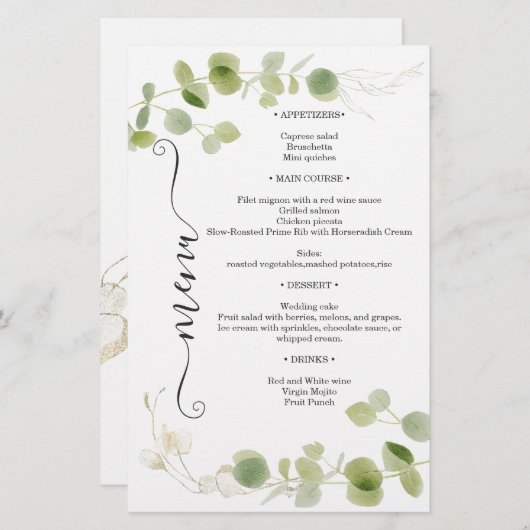 Rustic Eucalyptus Greenery Gold Chic Wedding Menu (Voorkant / Achterkant)