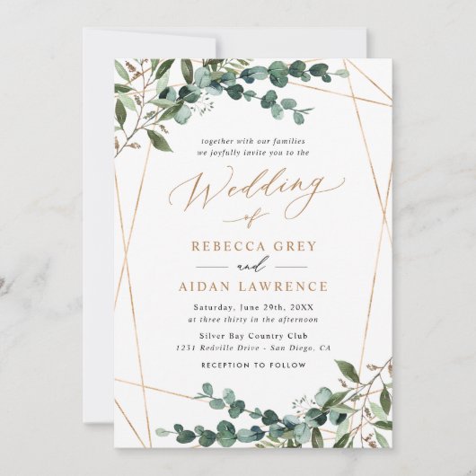 Rustic Eucalyptus Greenery Gold Wedding Invitation Kaart (Voorkant)
