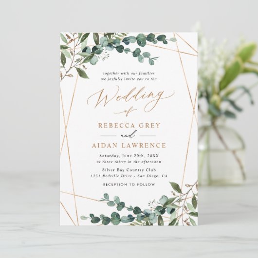 Rustic Eucalyptus Greenery Gold Wedding Invitation Kaart (Staand voorkant)