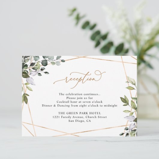Rustic Eucalyptus Greenery Gold Wedding Reception Informatiekaartje (Staand voorkant)
