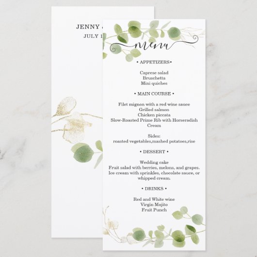 Rustic Eucalyptus Greenery Gold Wedding Reception Menu (Voorkant / Achterkant)