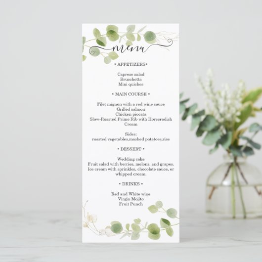 Rustic Eucalyptus Greenery Gold Wedding Reception Menu (Staand voorkant)
