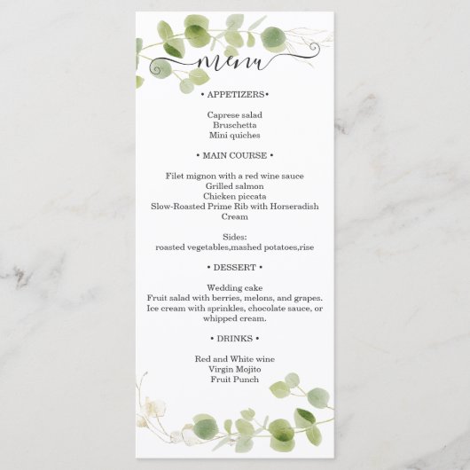 Rustic Eucalyptus Greenery Gold Wedding Reception Menu (Voorkant)