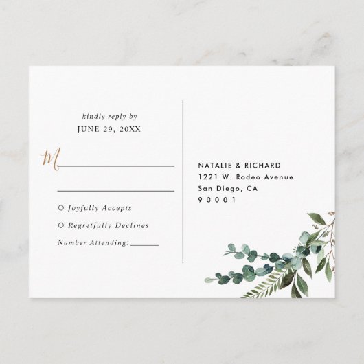Rustic Eucalyptus Greenery Gold Wedding RSVP Briefkaart (Achterkant)