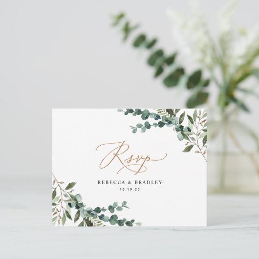 Rustic Eucalyptus Greenery Gold Wedding RSVP Briefkaart (Staand voorkant)