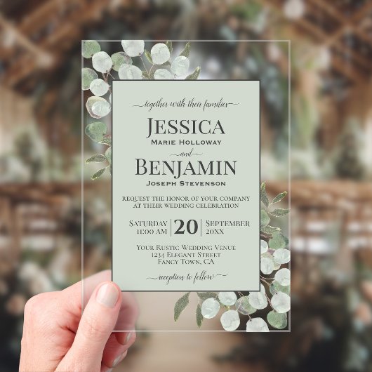 Rustic Eucalyptus & Greenery Stylish Text Wedding Acryl Uitnodigingen