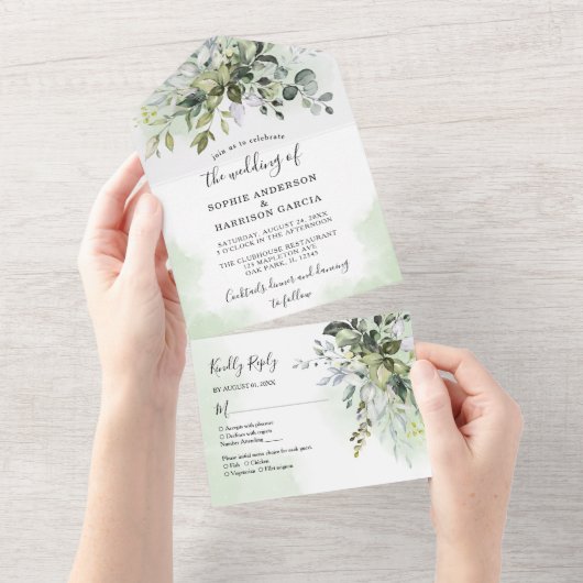 Rustic Eucalyptus Greenery Succulent Wedding All I In One Uitnodiging (Afscheurbaar)