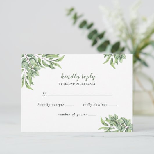 Rustic Eucalyptus Greenery Succulent Wedding RSVP Kaartje (Staand voorkant)