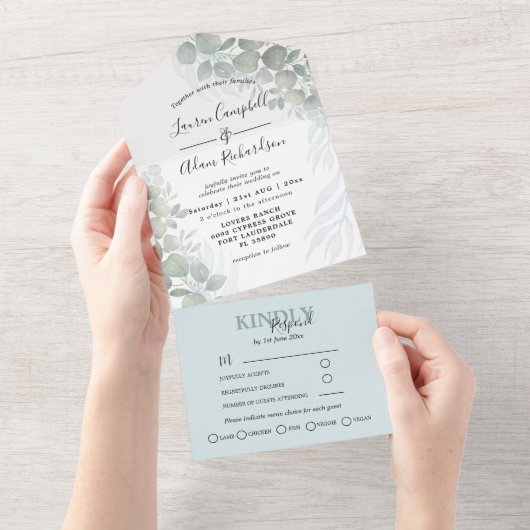 Rustic Eucalyptus Greenery Waterverf Wedding All In One Uitnodiging (Afscheurbaar)