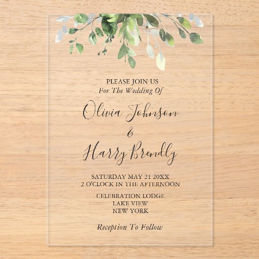 Rustic Eucalyptus Greenery Wedding Acryl Uitnodigingen (Voorkant)