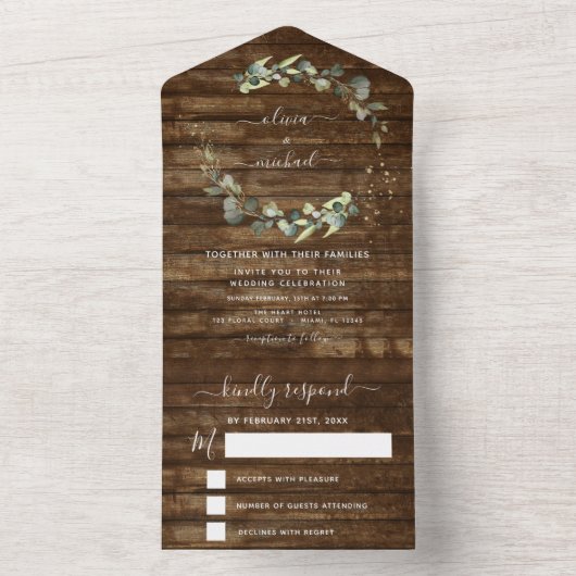 Rustic Eucalyptus Greenery Wedding Elegant All In One Uitnodiging (Binnen)