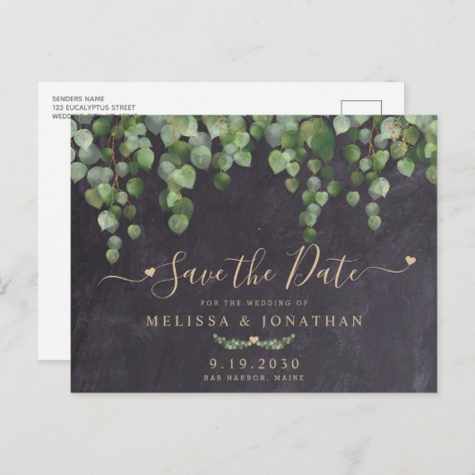 Rustic Eucalyptus Greenery Wedding Save the Date Aankondigingskaart (Voorkant / Achterkant)