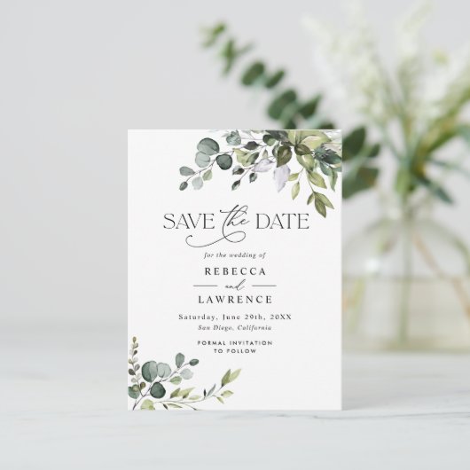 Rustic Eucalyptus Greenery Wedding Save the Date Briefkaart (Staand voorkant)