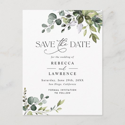 Rustic Eucalyptus Greenery Wedding Save the Date Briefkaart (Voorkant)
