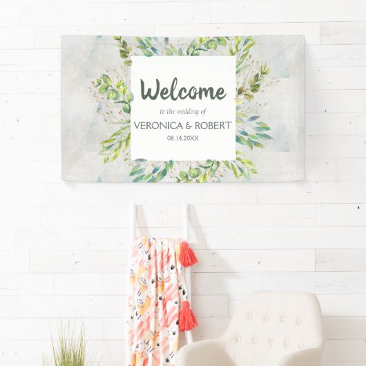 Rustic Eucalyptus Greenery Wedding Welkom Spandoek (Insitu)