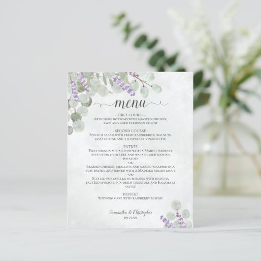 Rustic Eucalyptus & Lavender Budget Wedding Menu (Staand voorkant)