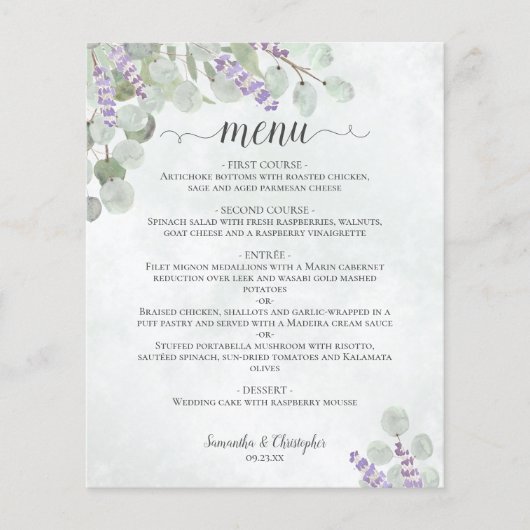 Rustic Eucalyptus & Lavender Budget Wedding Menu (Voorkant)