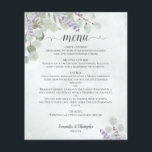 Rustic Eucalyptus & Lavender Budget Wedding Menu<br><div class="desc">Deze mooie trouwmenu's zijn eenvoudig, elegant en stijlvol, maar zijn nog steeds budgetvriendelijk en betaalbaar. Ze zijn voorzien van een roestachtig boho-chic-ontwerp met een scriptkalligrafie-titel, en van handbeschilderde waterverf eucalyptusbladeren en lavendere bloemen op een gemarmerde bleke stalen blauwe achtergrond. Op de achterzijde is een land gebarenteerd met hetzelfde blad dat...</div>