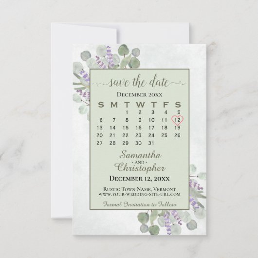Rustic Eucalyptus Lavender Calendar Green Wedding Save The Date (Voorkant)