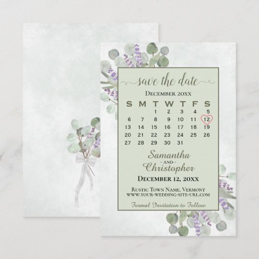 Rustic Eucalyptus Lavender Calendar Green Wedding Save The Date (Voorkant / Achterkant)
