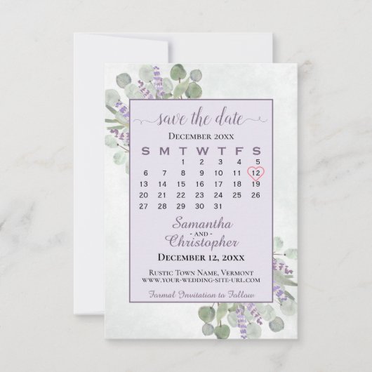 Rustic Eucalyptus Lavender Calendar Paars Wedding Save The Date (Voorkant)