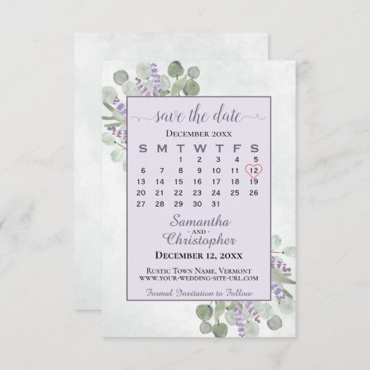 Rustic Eucalyptus Lavender Calendar Paars Wedding Save The Date (Voorkant / Achterkant)