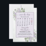 Rustic Eucalyptus Lavender Calendar Paars Wedding Save The Date<br><div class="desc">Deze bruiloft, behalve de datumkaart, is eenvoudig, betrouwbaar, elegant en mooi. Het is voorzien van een aanpasbare kalender met een hart rond je trouwdatum in een licht paars of lavender lijst, omgeven door een vleugje handbeschilderde waterverf eucalyptusbladeren en lavendere bloemen op een gemarmerde, stoffige blauwe grijze achtergrond. De titel leest:...</div>