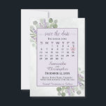 Rustic Eucalyptus Lavender Calendar Paars Wedding Save The Date<br><div class="desc">Deze bruiloft, behalve de datumkaart, is eenvoudig, betrouwbaar, elegant en mooi. Het is voorzien van een aanpasbare kalender met een hart rond je trouwdatum in een licht paars of lavender lijst, omgeven door een vleugje handbeschilderde waterverf eucalyptusbladeren en lavendere bloemen op een gemarmerde, stoffige blauwe grijze achtergrond. De titel leest:...</div>