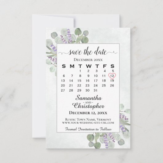 Rustic Eucalyptus Lavender Calendar White Wedding Save The Date (Voorkant)