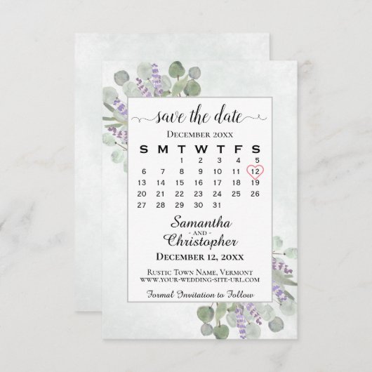 Rustic Eucalyptus Lavender Calendar White Wedding Save The Date (Voorkant / Achterkant)