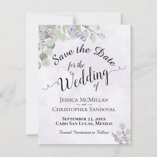 Rustic Eucalyptus & Lavender Chic Paars Wedding Save The Date (Voorkant)