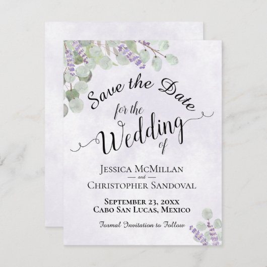Rustic Eucalyptus & Lavender Chic Paars Wedding Save The Date (Voorkant / Achterkant)
