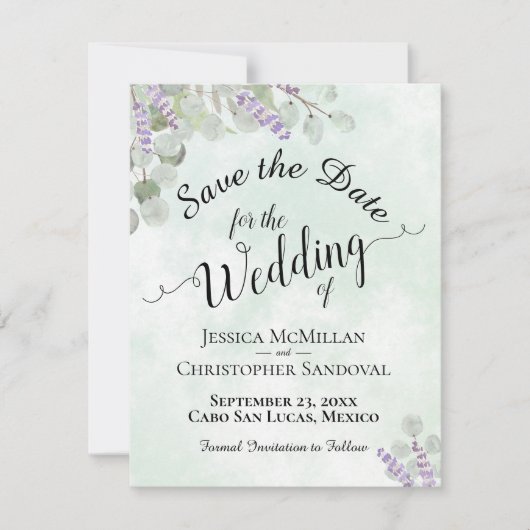 Rustic Eucalyptus & Lavender Elegant Mint Wedding Save The Date (Voorkant)